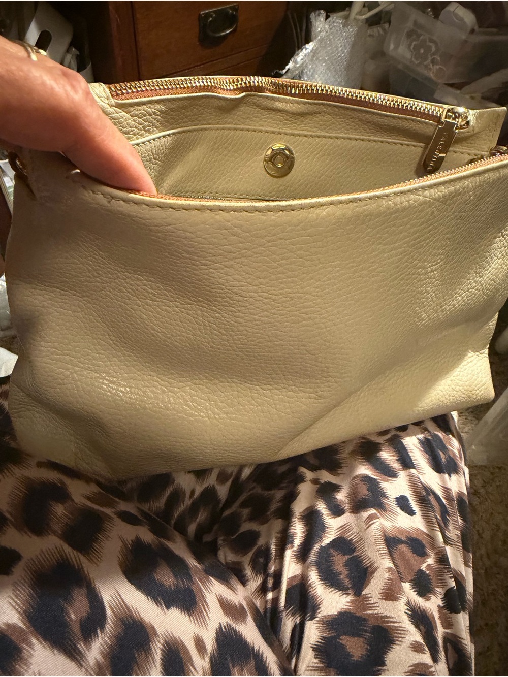 Valentino Cream Leather Wristlet Clutch with Gold Hardware